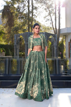 Lorenvalley Green Tussar Silk Floral Print Lehenga Choli with Koti