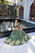 Lorenvalley Green Tussar Silk Floral Print Lehenga Choli with Koti
