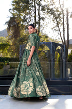 Lorenvalley Green Tussar Silk Floral Print Lehenga Choli with Koti