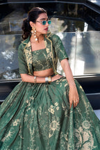 Lorenvalley Green Tussar Silk Floral Print Lehenga Choli with Koti