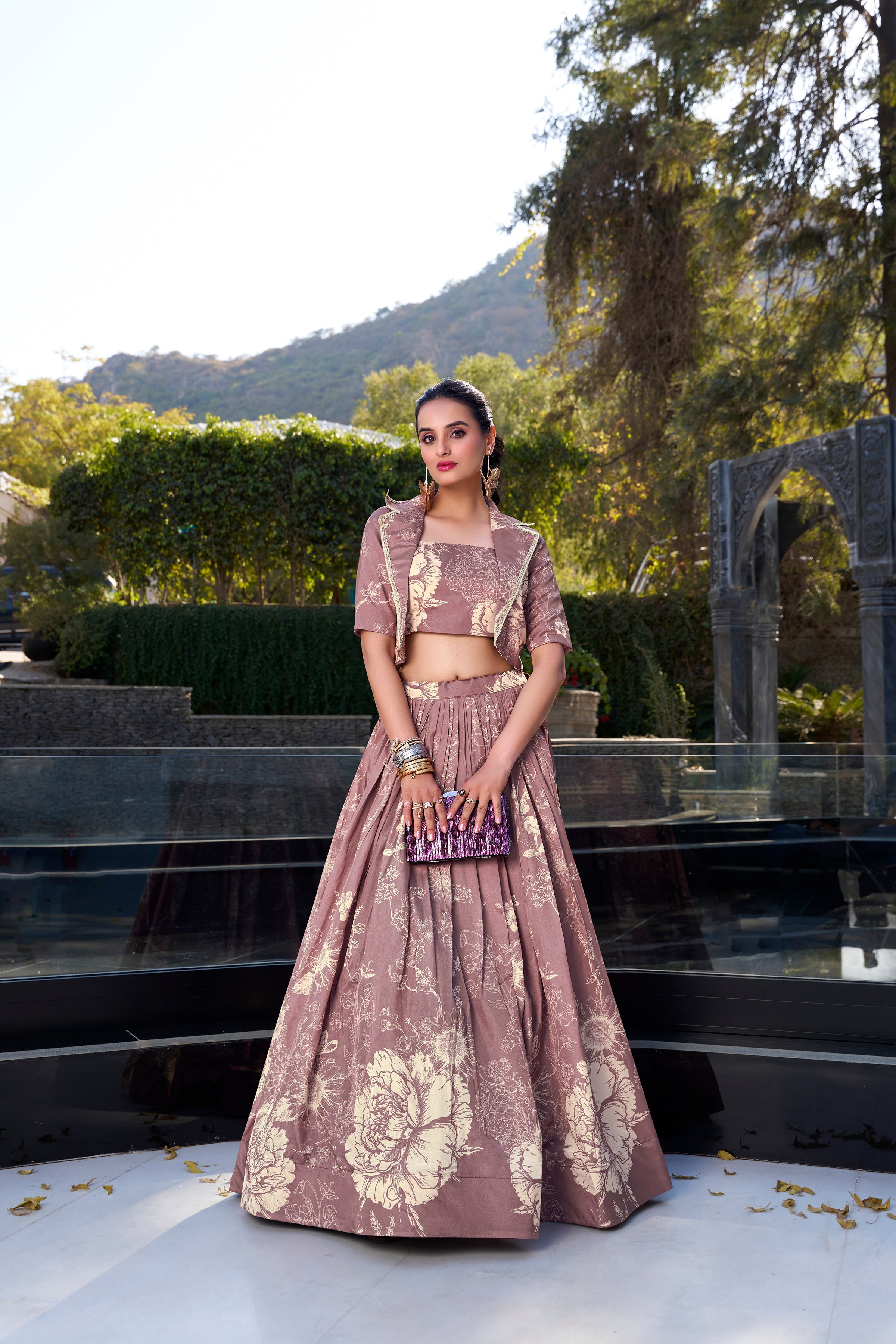 Lorenvalley Onionpink Tussar Silk Floral Print Lehenga Choli with Koti