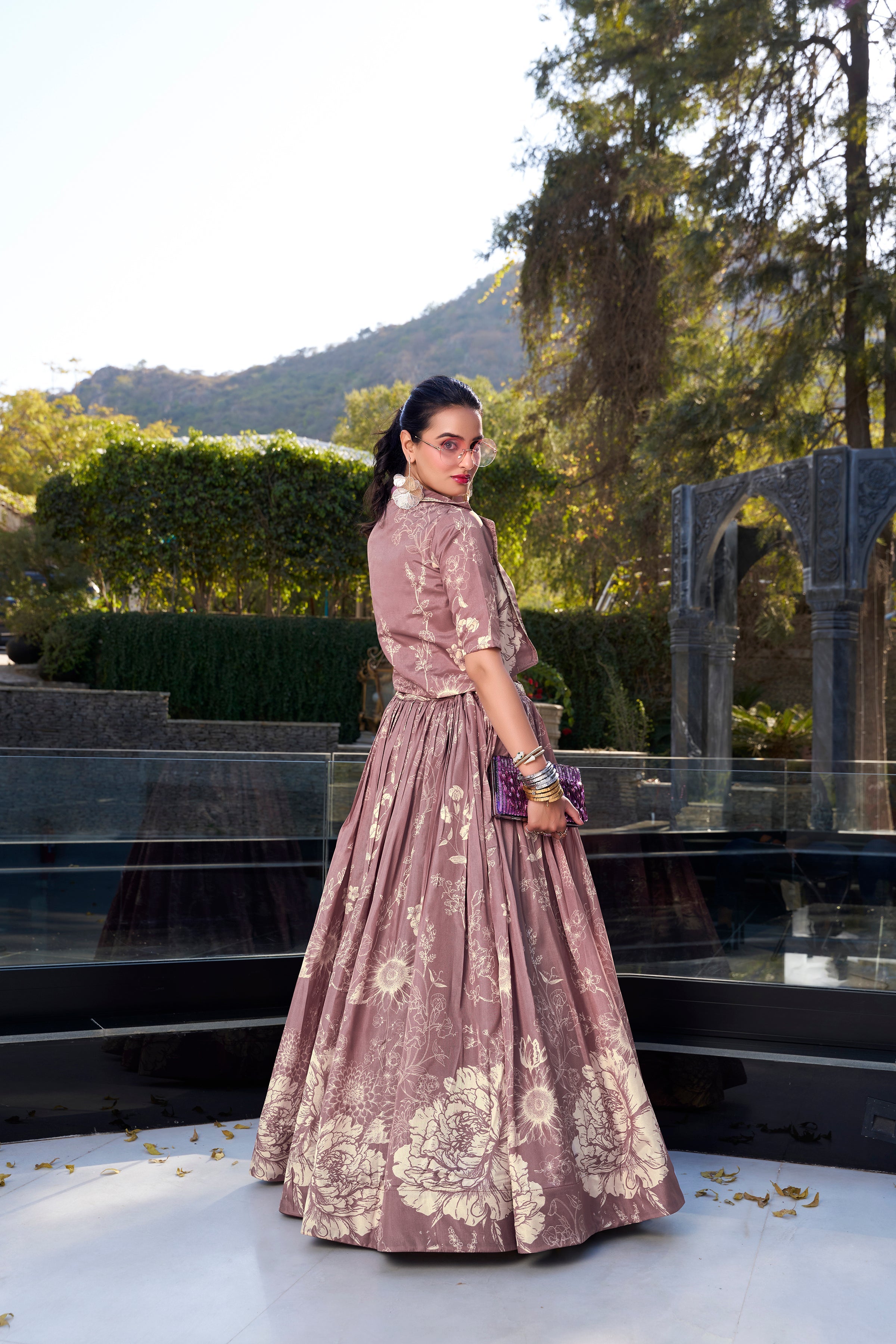 Lorenvalley Onionpink Tussar Silk Floral Print Lehenga Choli with Koti