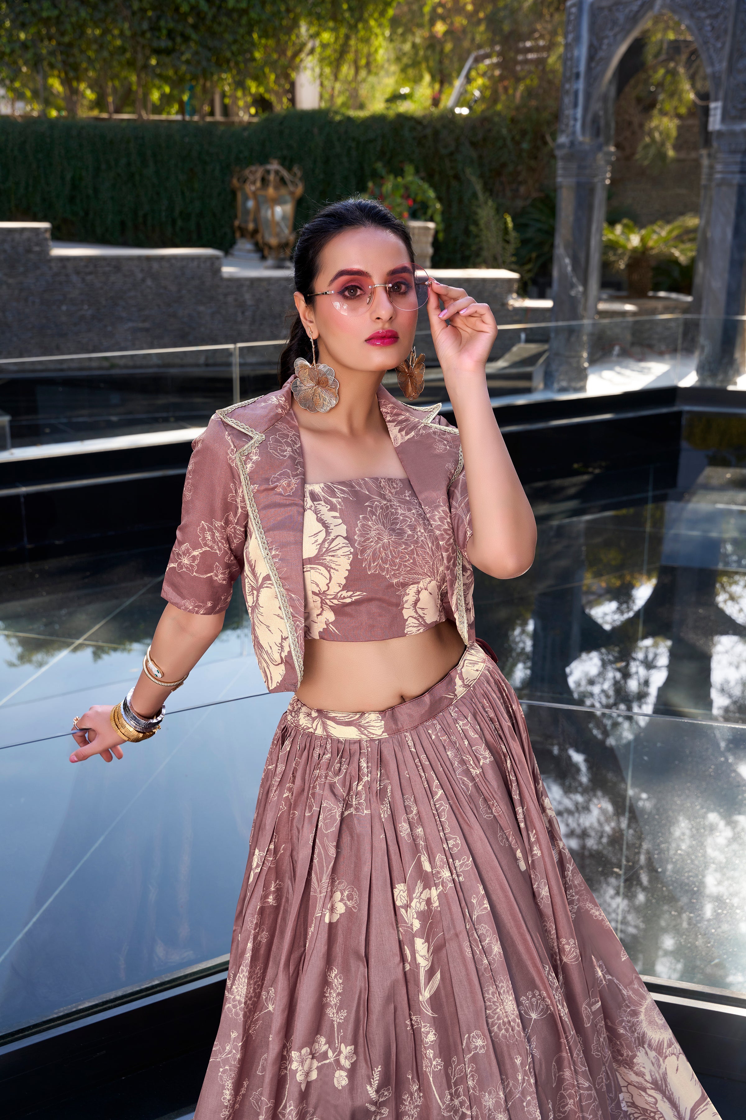 Lorenvalley Onionpink Tussar Silk Floral Print Lehenga Choli with Koti