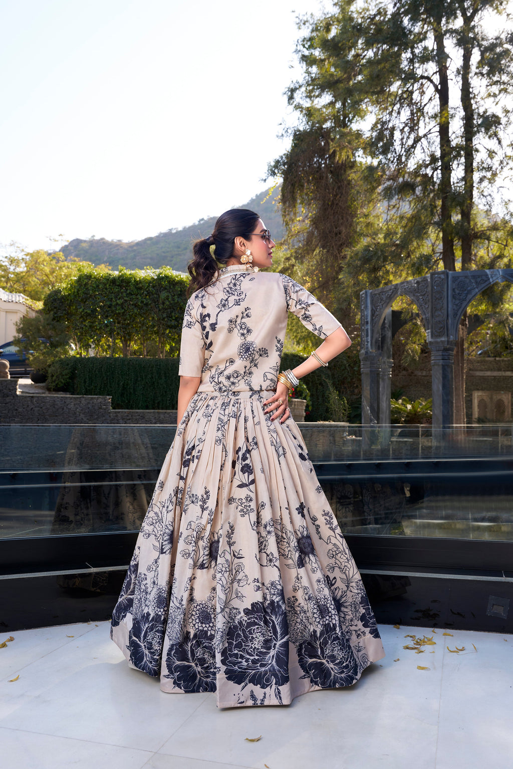 Lorenvalley Offwhite Tussar Silk Floral Print Lehenga Choli with Koti