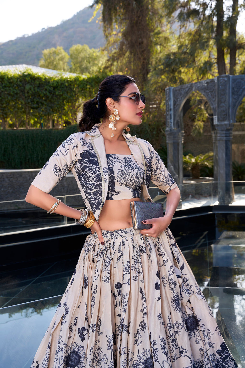 Lorenvalley Offwhite Tussar Silk Floral Print Lehenga Choli with Koti