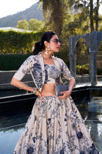 Lorenvalley Offwhite Tussar Silk Floral Print Lehenga Choli with Koti