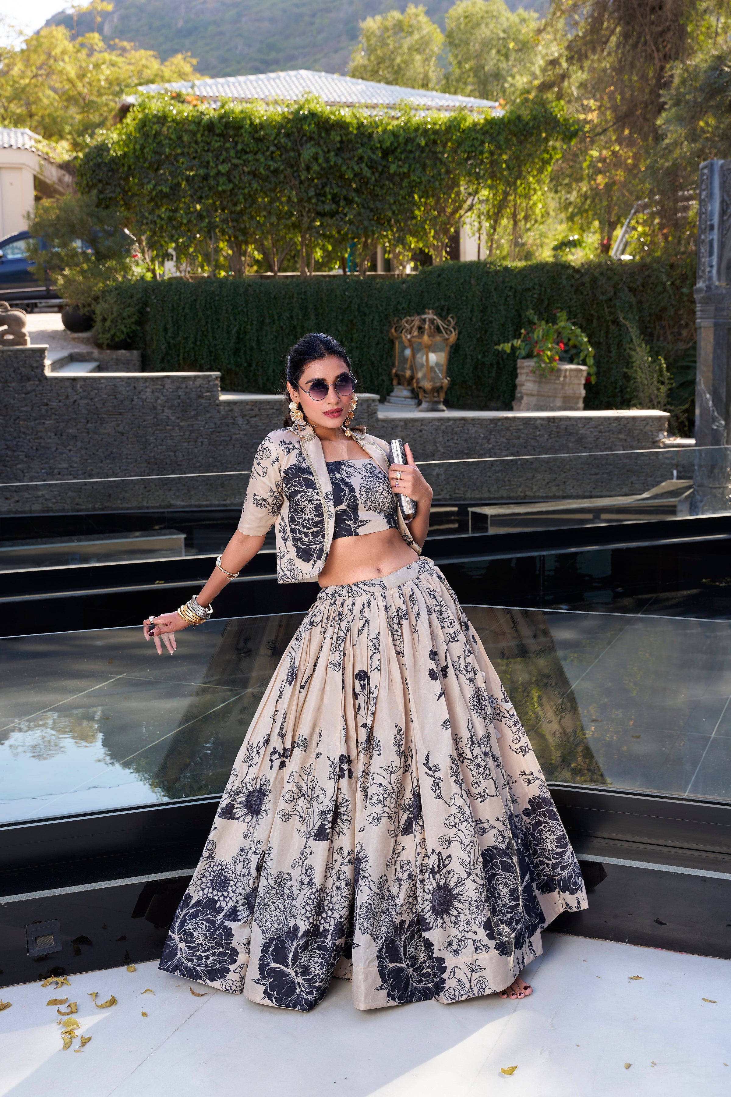 Lorenvalley Offwhite Tussar Silk Floral Print Lehenga Choli with Koti