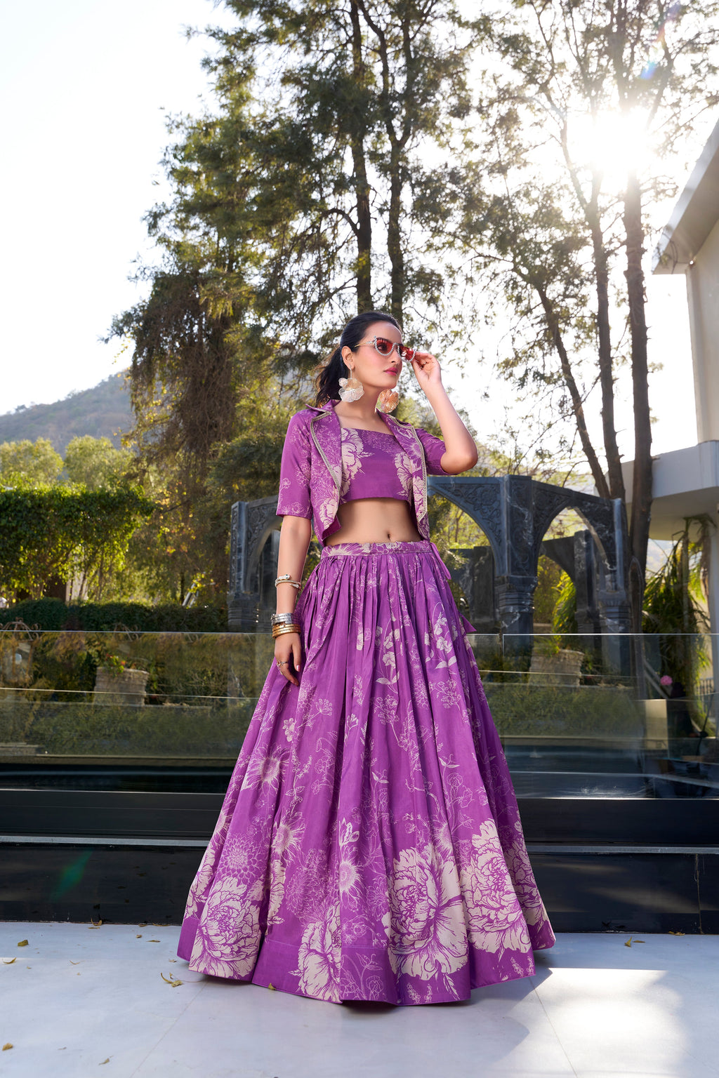 Lorenvalley Purple Tussar Silk Floral Print Lehenga Choli with Koti
