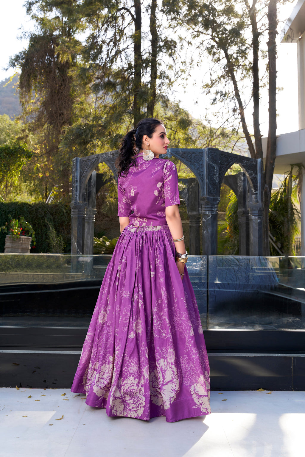 Lorenvalley Purple Tussar Silk Floral Print Lehenga Choli with Koti