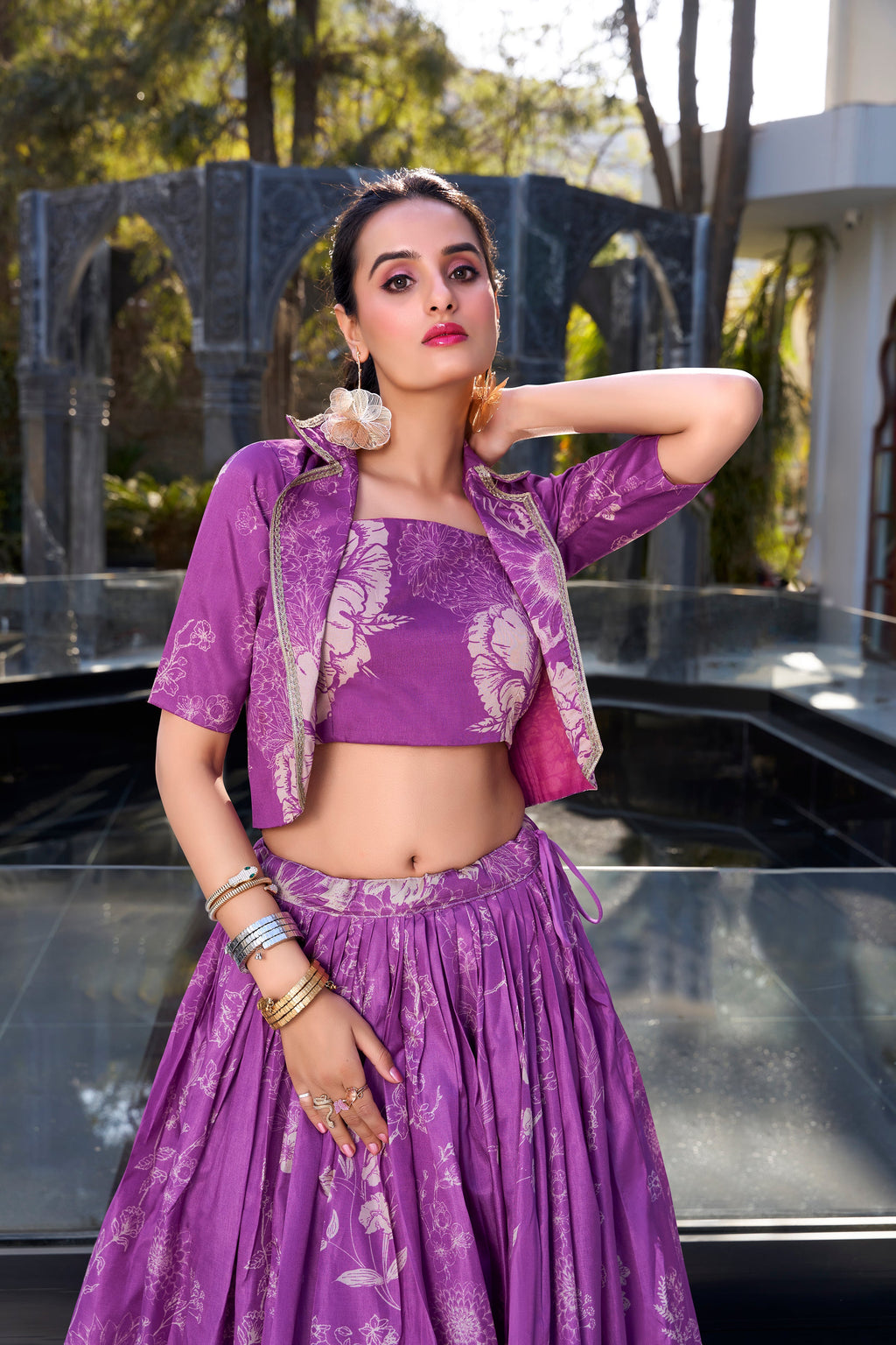 Lorenvalley Purple Tussar Silk Floral Print Lehenga Choli with Koti