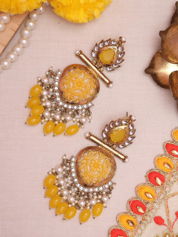 Tehzeeb Creations Latest Gold Polish Kundan & Pearl Studded Designer Drop Long Earrings For Women And Girls Yellow - Distacart