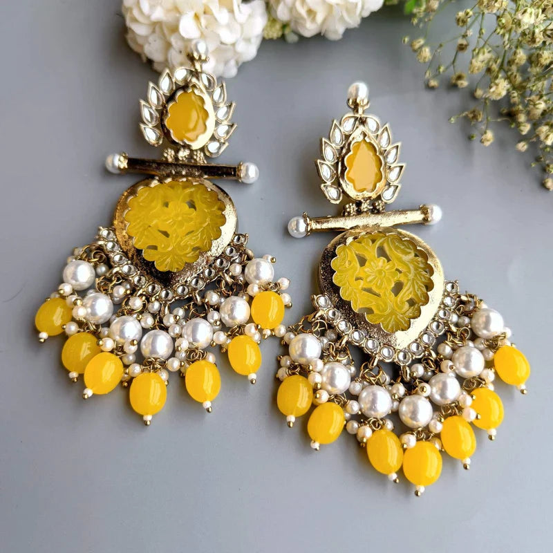 Tehzeeb Creations Latest Gold Polish Kundan & Pearl Studded Designer Drop Long Earrings For Women And Girls Yellow - Distacart