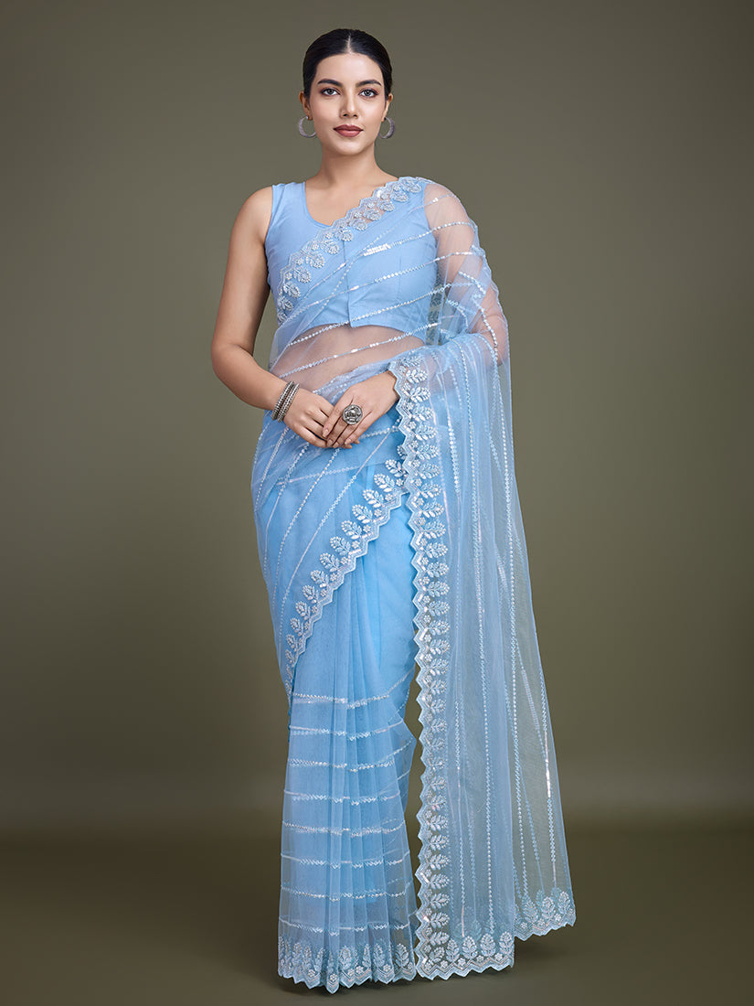 Monjolika Fashion Glamorous Women'S Sky Blue Sequin Work Soft Net Saree