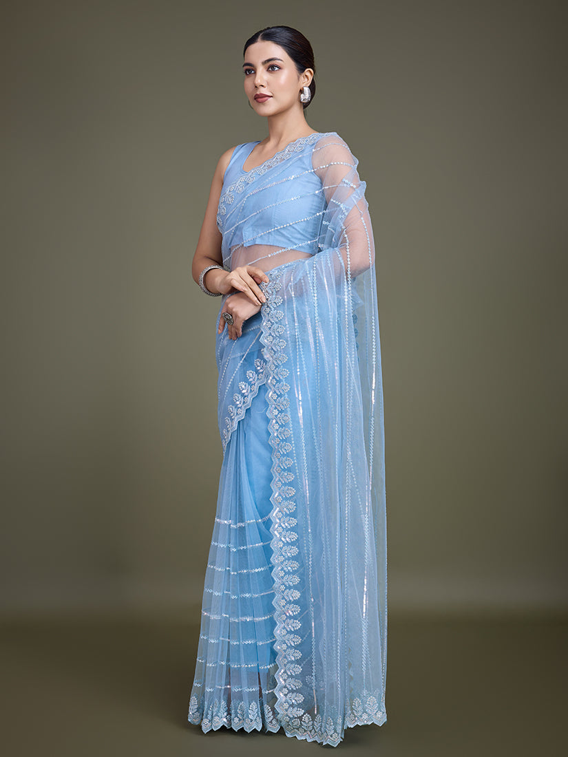 Monjolika Fashion Glamorous Women'S Sky Blue Sequin Work Soft Net Saree