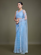Monjolika Fashion Glamorous Women'S Sky Blue Sequin Work Soft Net Saree