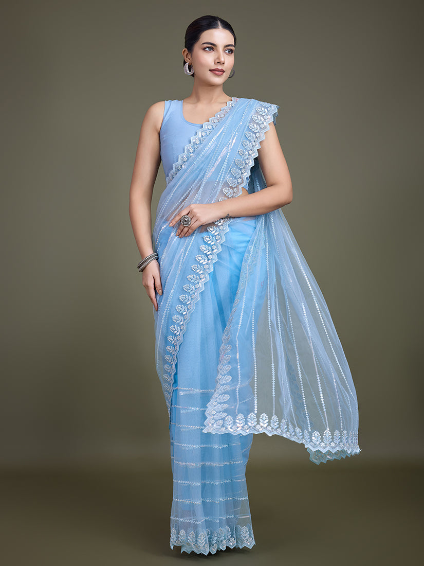 Monjolika Fashion Glamorous Women'S Sky Blue Sequin Work Soft Net Saree