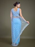 Monjolika Fashion Glamorous Women'S Sky Blue Sequin Work Soft Net Saree
