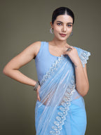 Monjolika Fashion Glamorous Women'S Sky Blue Sequin Work Soft Net Saree