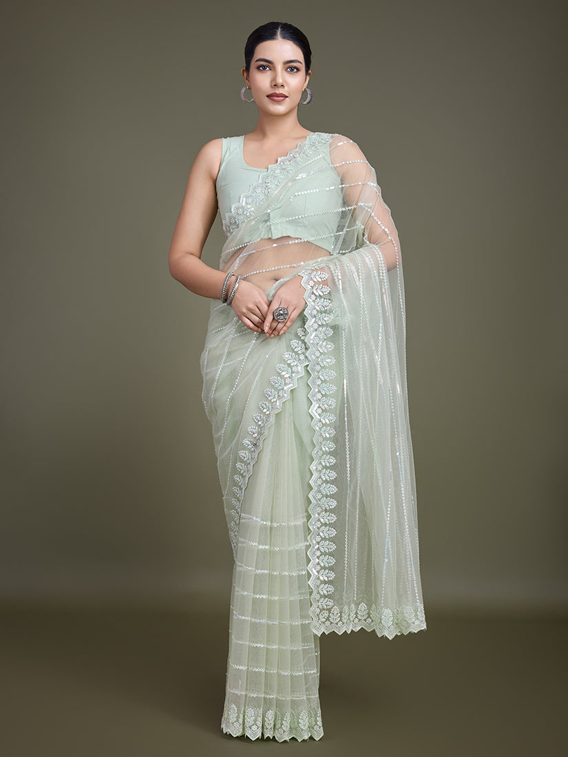 Monjolika Fashion Glamorous Women'S Light Green Sequin Work Soft Net Saree