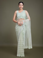 Monjolika Fashion Glamorous Women'S Light Green Sequin Work Soft Net Saree