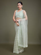 Monjolika Fashion Glamorous Women'S Light Green Sequin Work Soft Net Saree