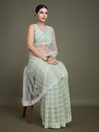 Monjolika Fashion Glamorous Women'S Light Green Sequin Work Soft Net Saree