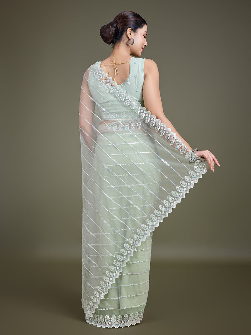 Monjolika Fashion Glamorous Women'S Light Green Sequin Work Soft Net Saree