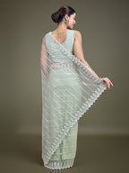 Monjolika Fashion Glamorous Women'S Light Green Sequin Work Soft Net Saree