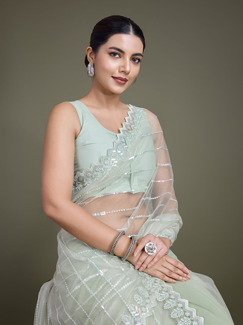 Monjolika Fashion Glamorous Women'S Light Green Sequin Work Soft Net Saree