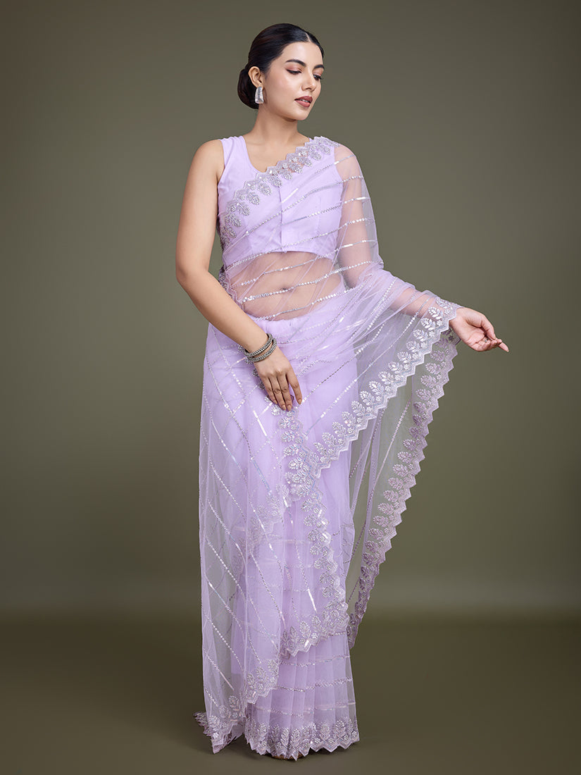 Monjolika Fashion Glamorous Women'S Lavender Sequin Work Soft Net Saree