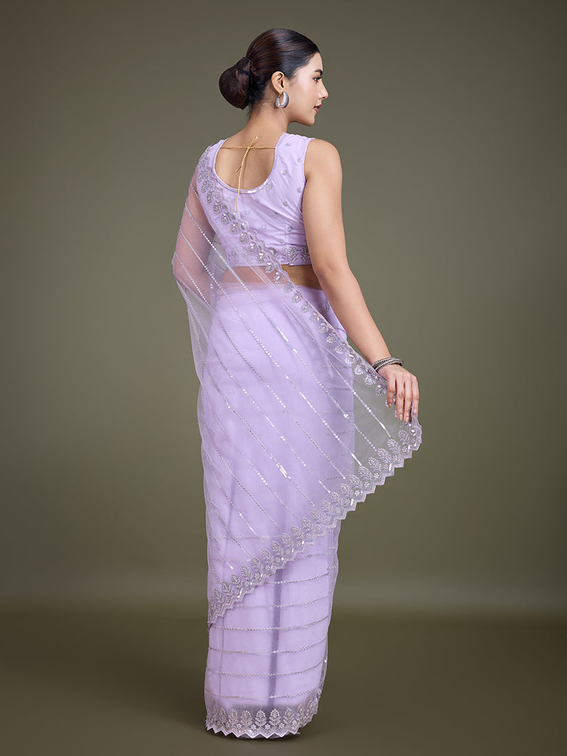 Monjolika Fashion Glamorous Women'S Lavender Sequin Work Soft Net Saree