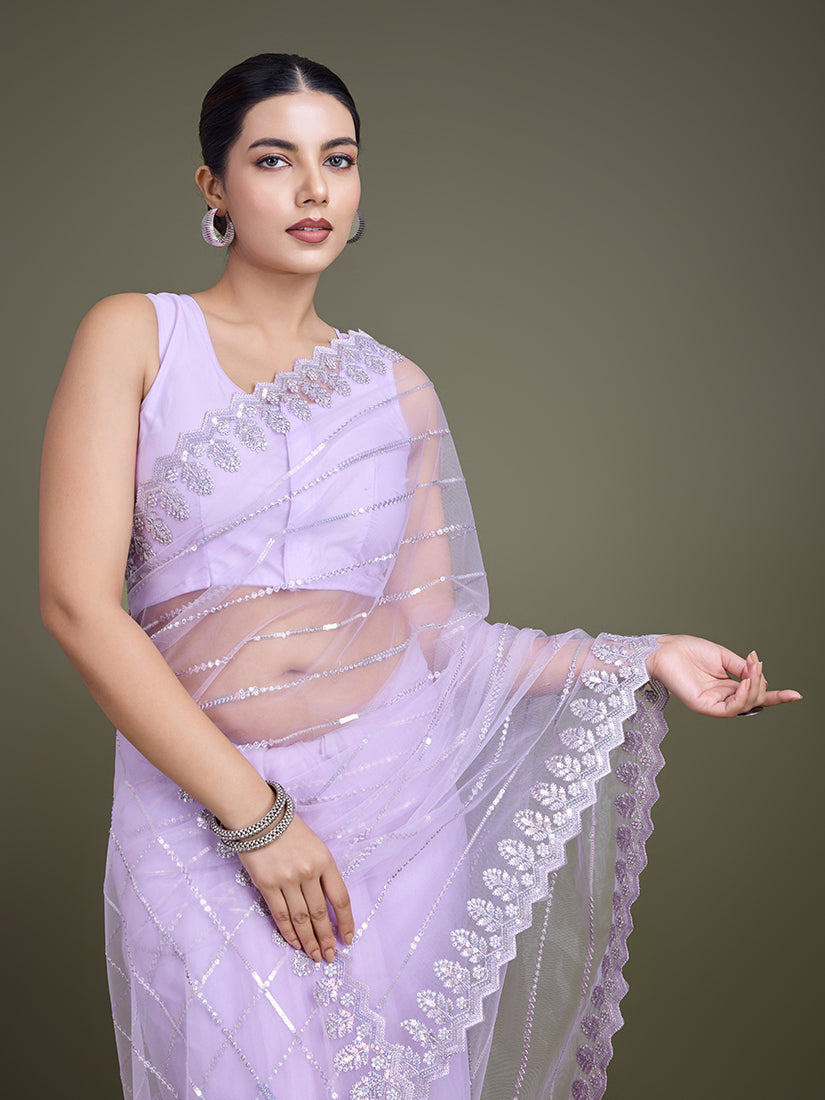 Monjolika Fashion Glamorous Women'S Lavender Sequin Work Soft Net Saree