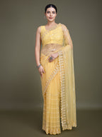 Monjolika Fashion Glamorous Women'S Yellow Sequin Work Soft Net Saree