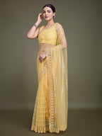 Monjolika Fashion Glamorous Women'S Yellow Sequin Work Soft Net Saree