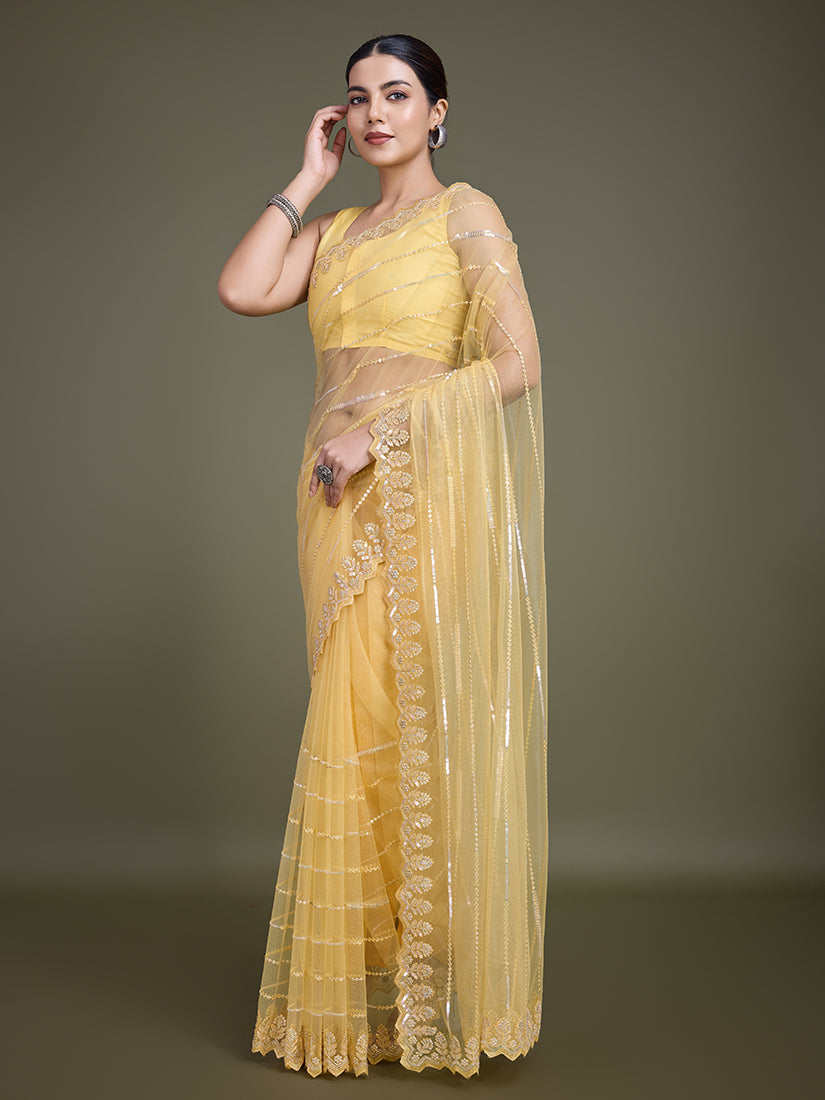 Monjolika Fashion Glamorous Women'S Yellow Sequin Work Soft Net Saree