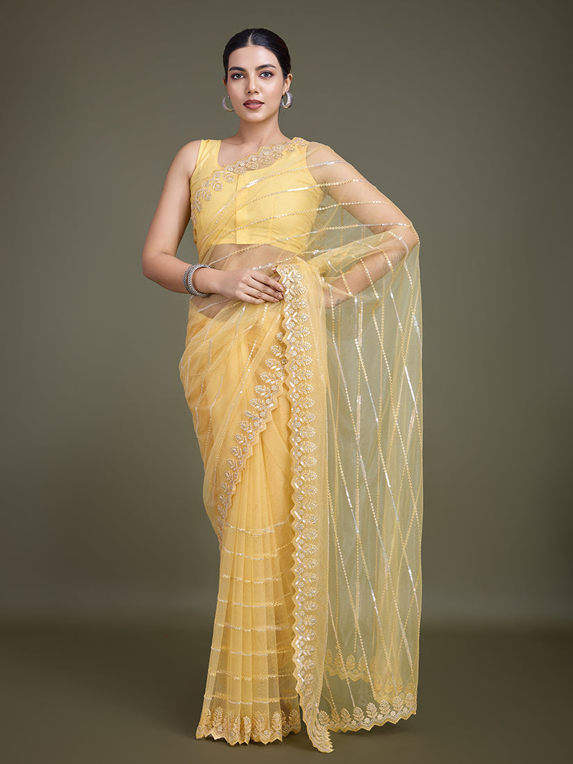 Monjolika Fashion Glamorous Women'S Yellow Sequin Work Soft Net Saree