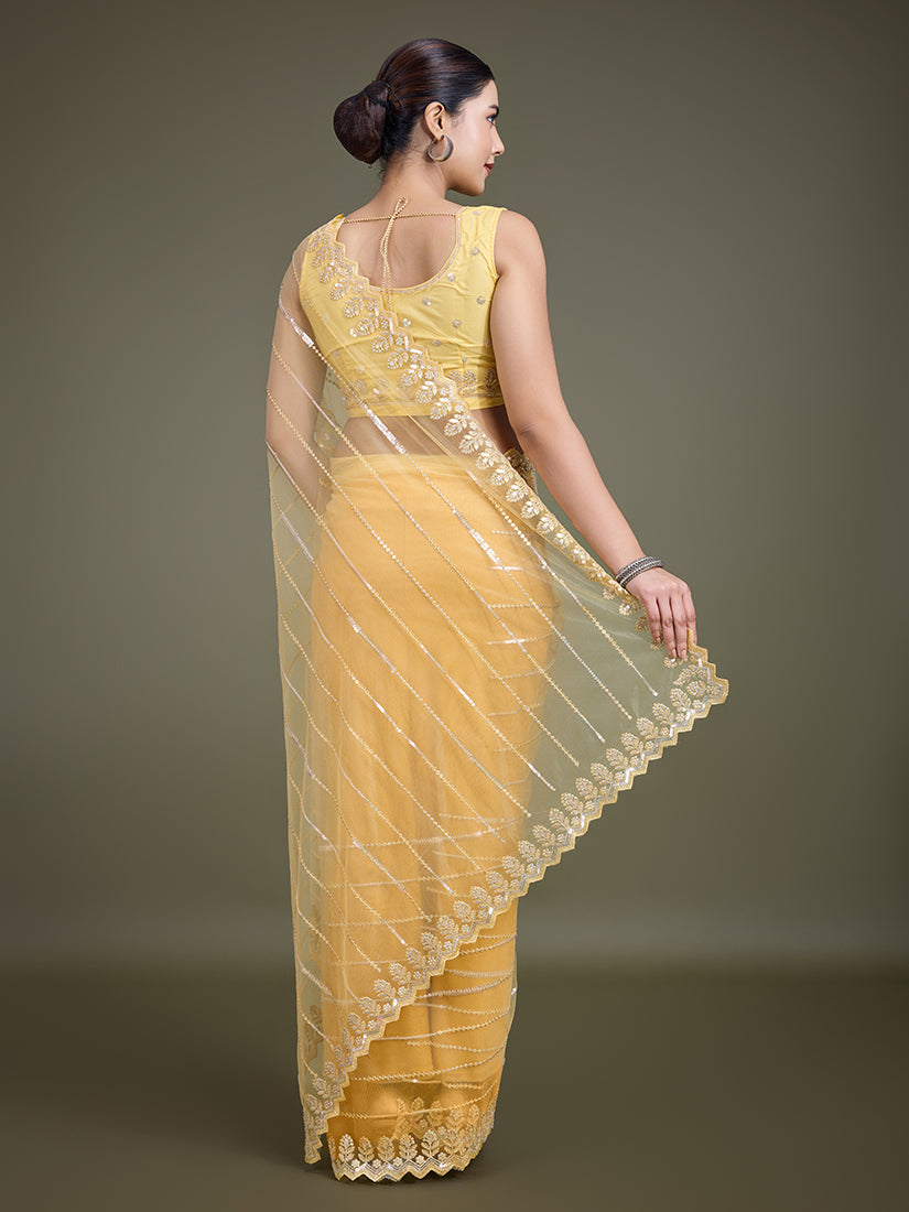 Monjolika Fashion Glamorous Women'S Yellow Sequin Work Soft Net Saree
