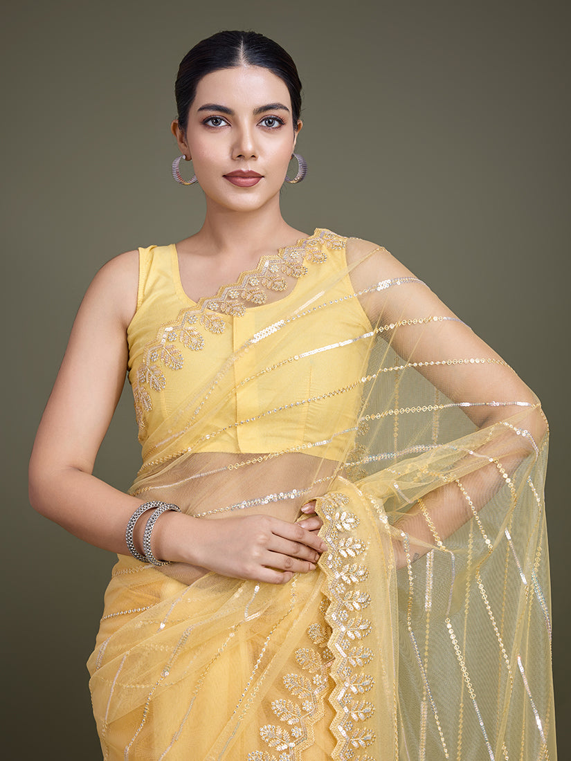 Monjolika Fashion Glamorous Women'S Yellow Sequin Work Soft Net Saree