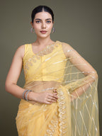 Monjolika Fashion Glamorous Women'S Yellow Sequin Work Soft Net Saree