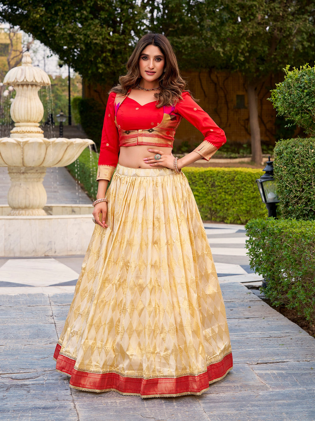 Lorenvalley Fashion Cream Jacquard Silk (Paithani) Zari Weaving Work Lehenga Choli with Koti Co-ord Set - Distacart