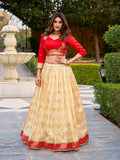 Lorenvalley Fashion Cream Jacquard Silk (Paithani) Zari Weaving Work Lehenga Choli with Koti Co-ord Set - Distacart