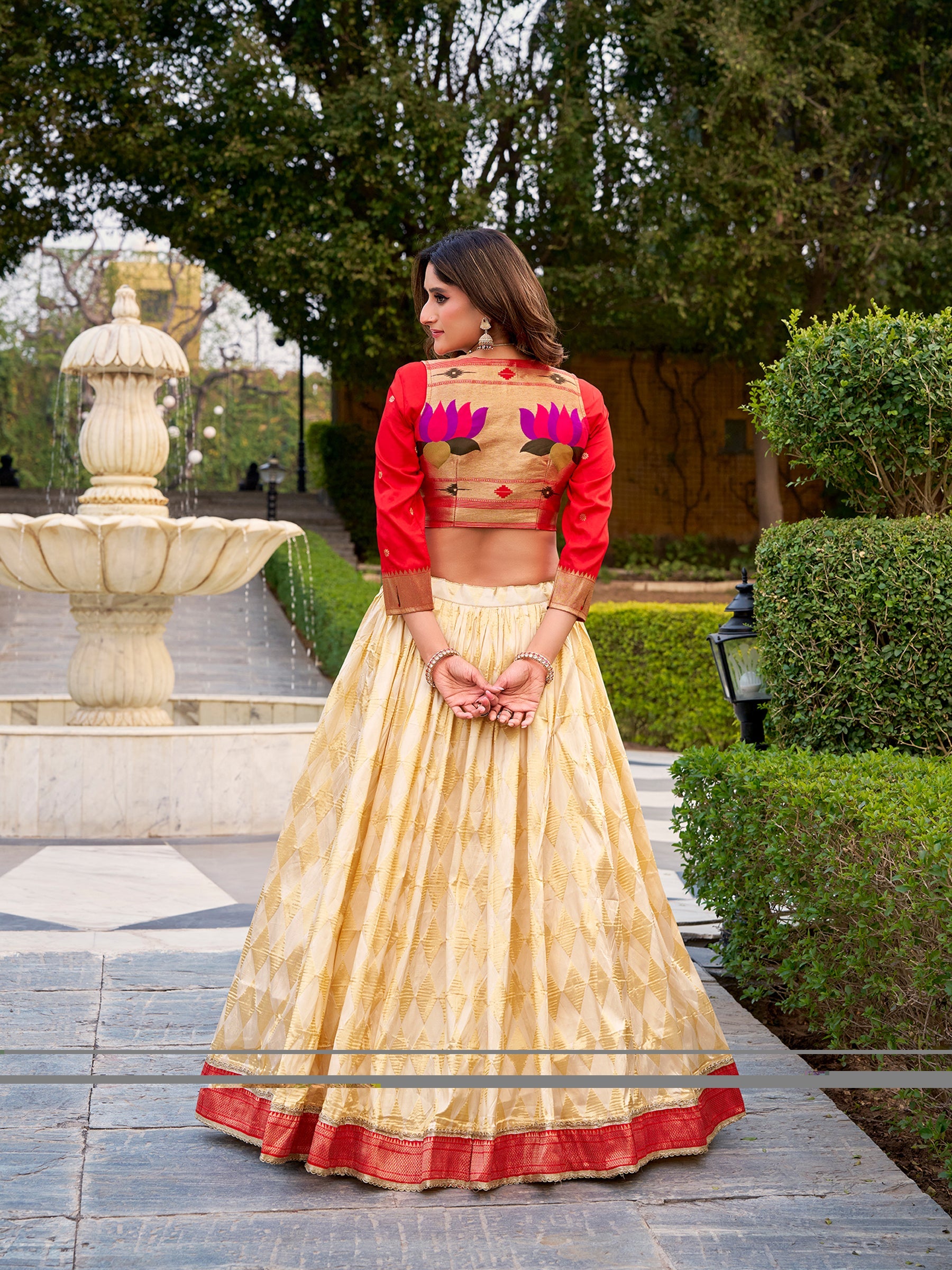 Lorenvalley Fashion Cream Jacquard Silk (Paithani) Zari Weaving Work Lehenga Choli with Koti Co-ord Set - Distacart