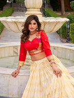 Lorenvalley Fashion Cream Jacquard Silk (Paithani) Zari Weaving Work Lehenga Choli with Koti Co-ord Set - Distacart