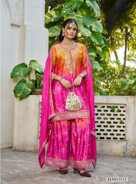Anaita Hot Pink Chinon Stitched Plazzo Suit With Digital Printed & Hand Work