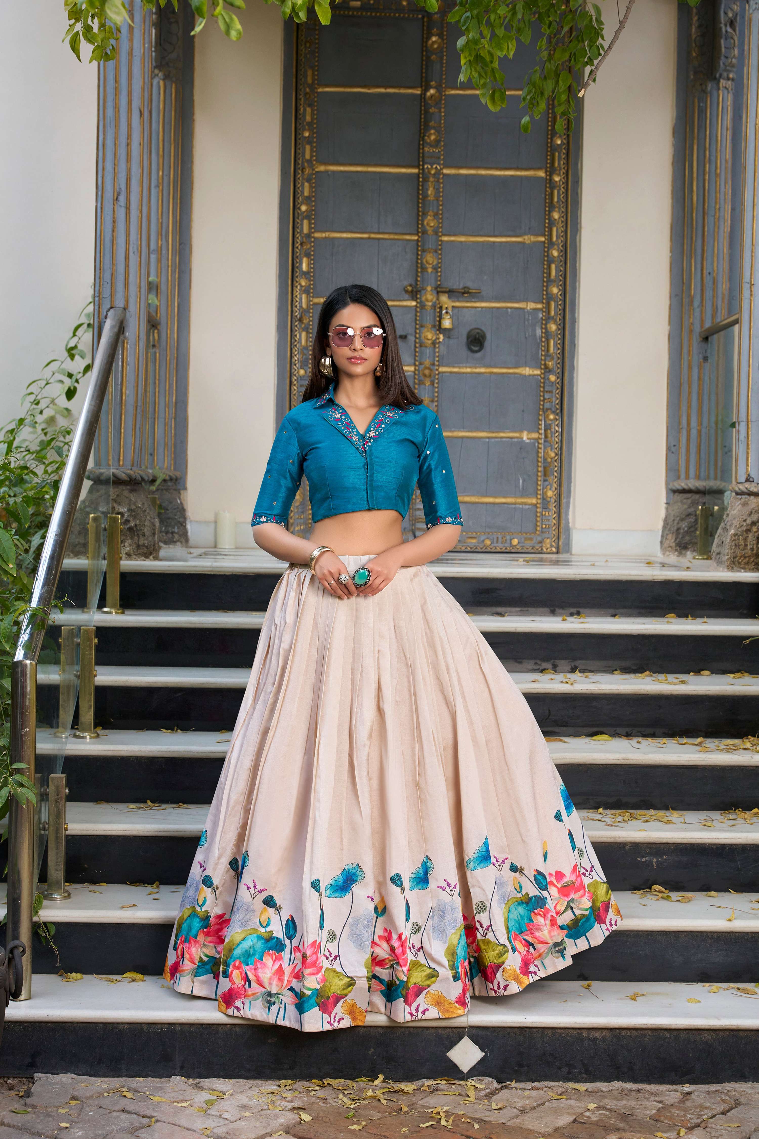 Lorenvalley Fashion Offwhite Tussar Silk Floral Print Lehenga Choli