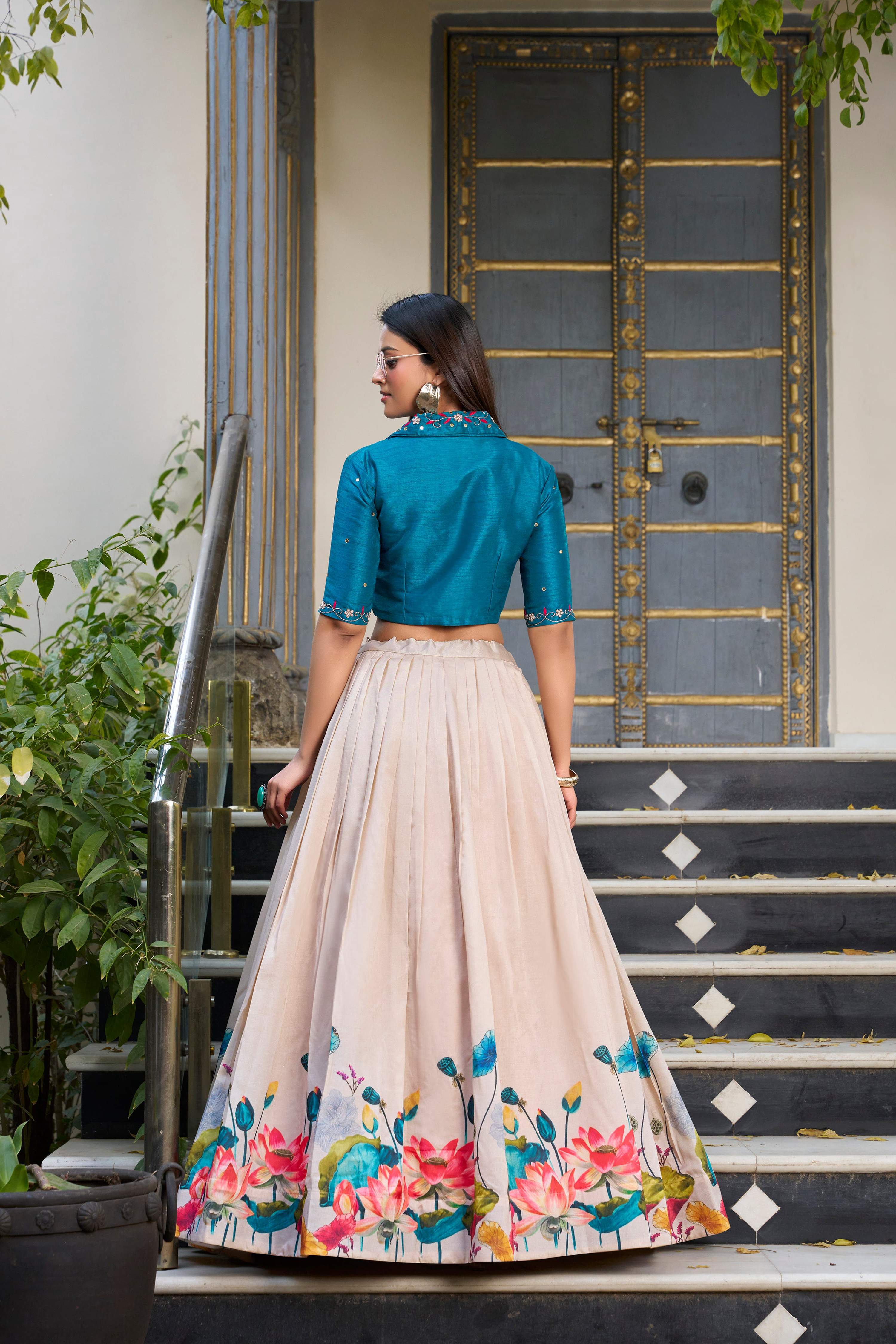 Lorenvalley Fashion Offwhite Tussar Silk Floral Print Lehenga Choli