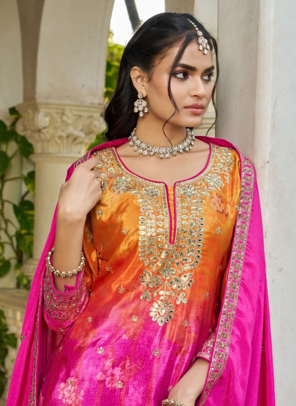 Anaita Hot Pink Chinon Stitched Plazzo Suit With Digital Printed & Hand Work - Distacart