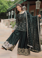 Vedant Vastram Heavy Embroidery & Sequins Work Rangoli Silk Kurti Plazo Set With Dupatta - Green - Distacart