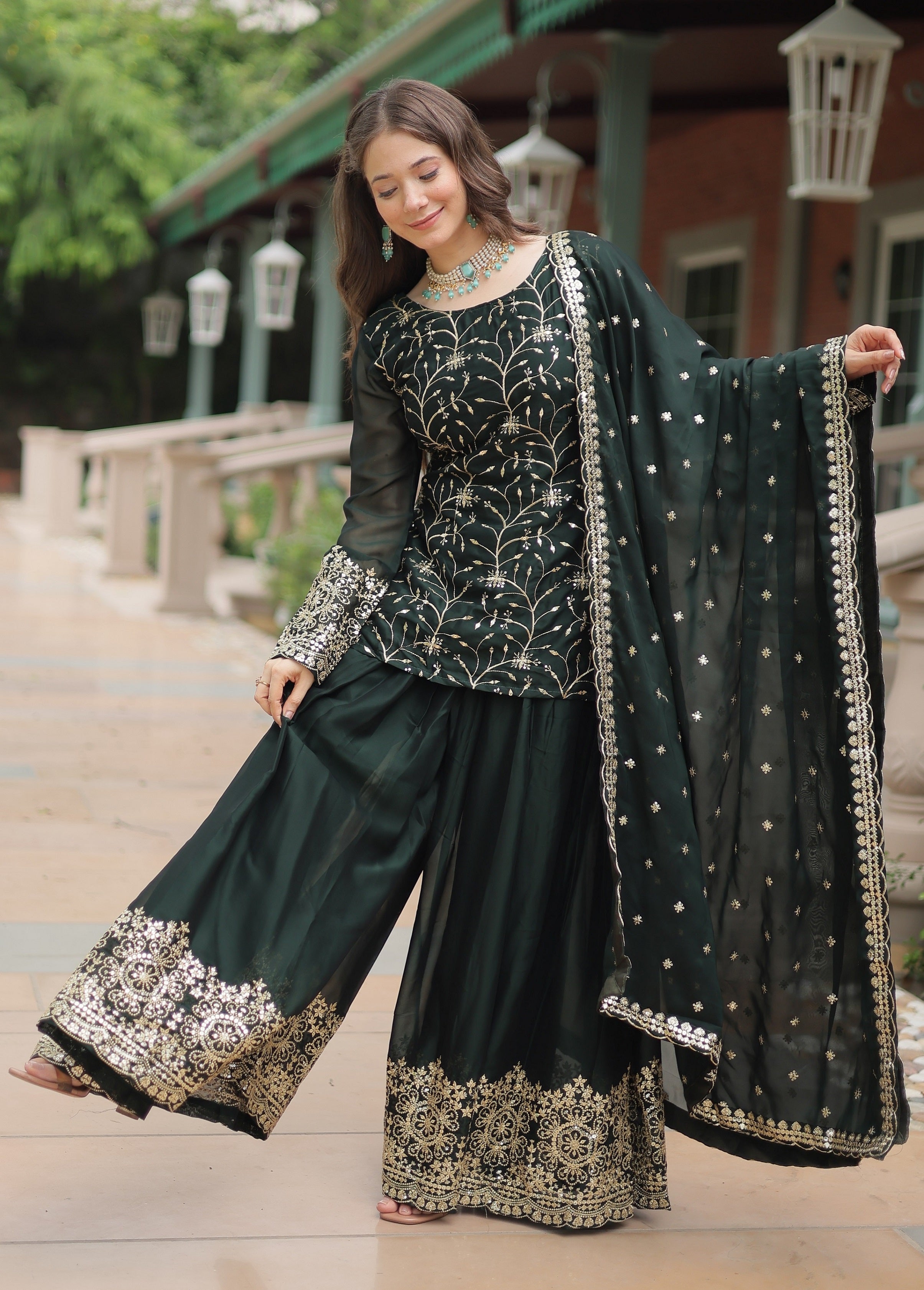 Vedant Vastram Heavy Embroidery & Sequins Work Rangoli Silk Kurti Plazo Set With Dupatta - Green - Distacart