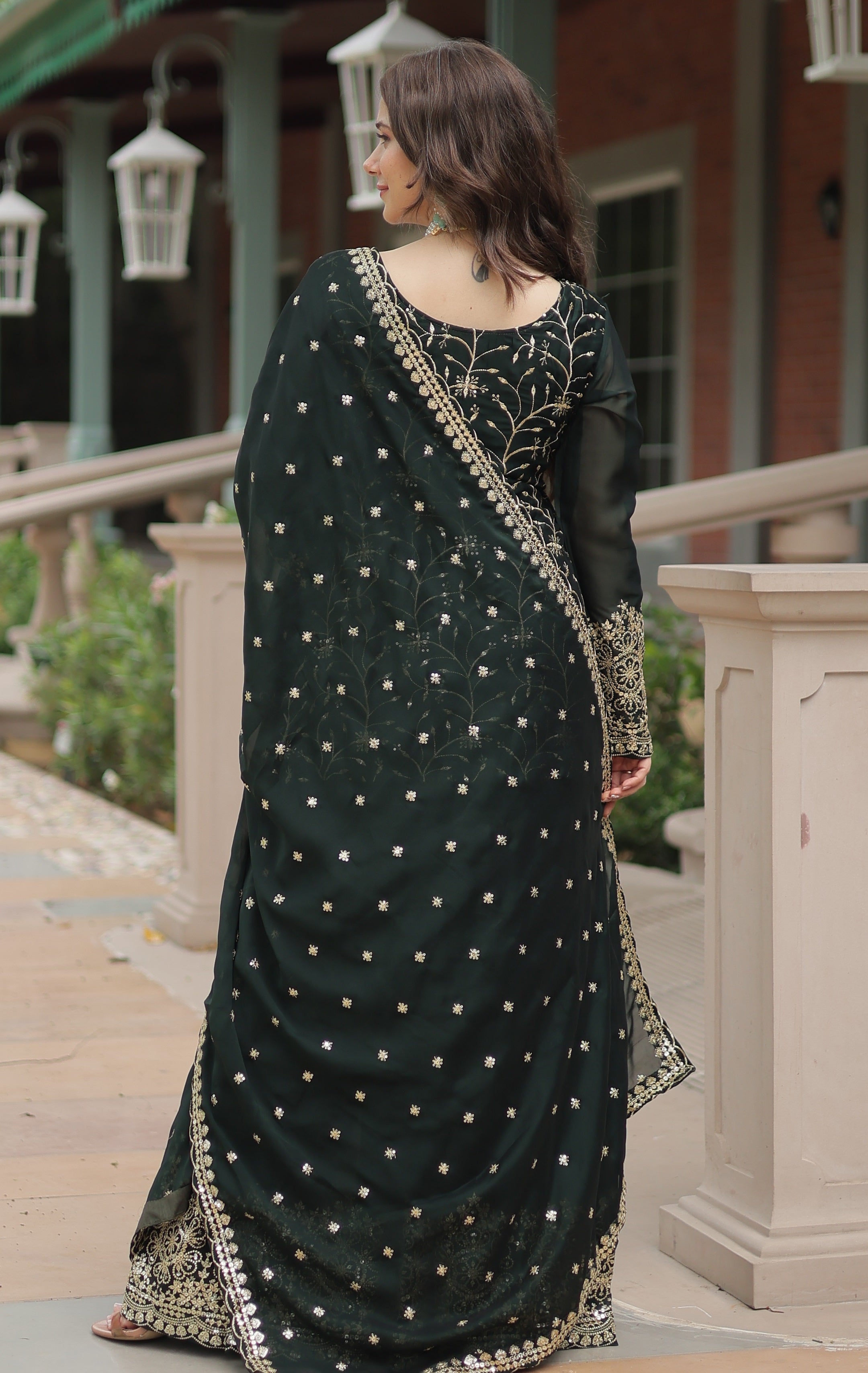 Vedant Vastram Heavy Embroidery & Sequins Work Rangoli Silk Kurti Plazo Set With Dupatta - Green - Distacart